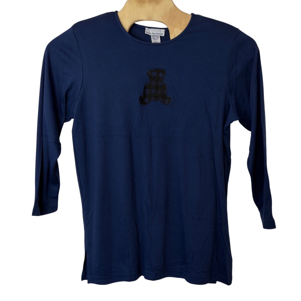 Vintage Deadstock Embroidered Teddy Bear Blue Long Sleeve T-Shirt Size L Cute